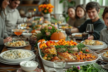 Fototapeta premium Group of People Sitting Around a Table Full of Food