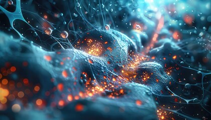 Medical Nanotechnology Visualization,Produce an abstract visualization of medical nanotechnology, showcasing nanoscale materials, drug delivery systems, and cellular interactions