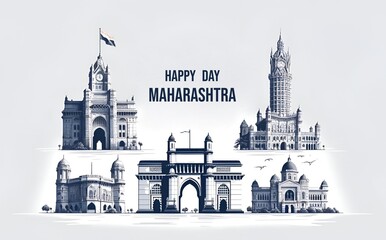 Illustration for maharashtra day with famous maharashtra monuments.
