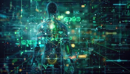 Digital Health Concept Art, Design an abstract artwork illustrating the concept of digital health, with interconnected networks, data streams, and wearable devices