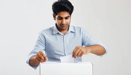 Indian man putting his vote paper into a ballot box on Election Day.  Fictional Character Created by Generative AI. - obrazy, fototapety, plakaty