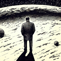 lonely sad man on the moon, pencil drawing, Ai generated - 782843919