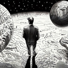 lonely sad man on the moon, pencil drawing, Ai generated - 782843930