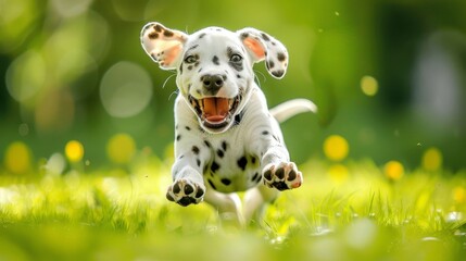 Playful dalmatian puppy frolicking in meadow, spotted canine joy in natural setting