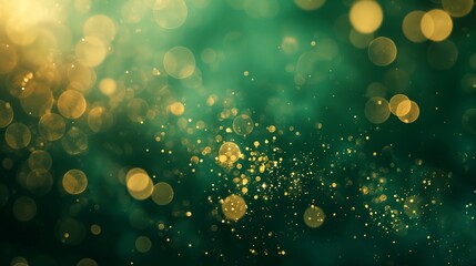 abstract background with a distribution of bright and shiny spots. Primarily consists of dark green and blue colors, with a golden halo effect around some parts, providing a dreamy and atmospheric - obrazy, fototapety, plakaty