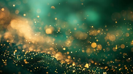 abstract background with a distribution of bright and shiny spots. Primarily consists of dark green and blue colors, with a golden halo effect around some parts, providing a dreamy and atmospheric - obrazy, fototapety, plakaty
