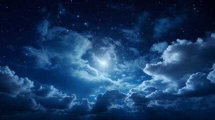 Dark natural background with clouds. Moon in the midnight dark blue sky