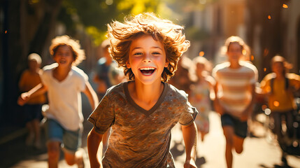 Cheerful children frolicking together in summer park - obrazy, fototapety, plakaty