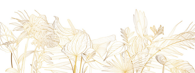 Golden flowers with buds, small flower, leaves and silhouette background. Line vintage style. Horizontal border illustration. Perfect for print, textile, cards and apparel. - 782844504