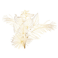 Floral golden line bouquets with  hand drawn herbs, flowers and palm leaves insects in sketch style.