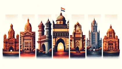 Maharashtra day background illustration with collage of famous maharashtra monuments.
