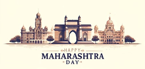 Happy maharashtra day card illustration with famous maharashtra monuments.
