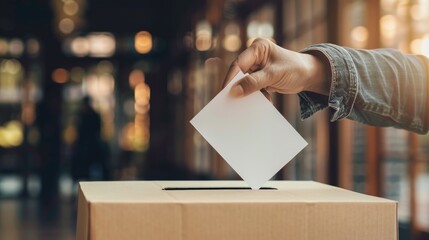 Voter putting ballot paper into voting box on Election Day, closeup image. Fictional Character Created by Generative AI.
