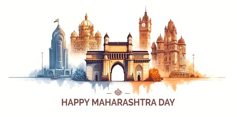 Happy maharashtra day card illustration in watercolor style with famous maharashtra monuments.
 - obrazy, fototapety, plakaty