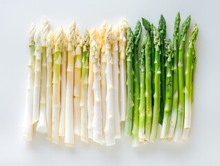 Fresh white and green asparagus arranged neatly on a clean white background, ready for cooking or culinary presentation