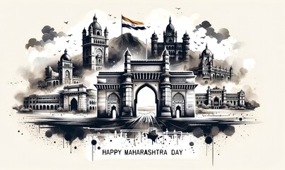 Happy maharashtra card illustration with collage of the  famous monuments.