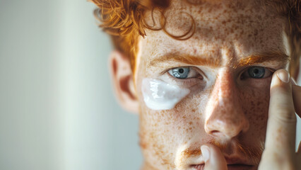 Close-up portrait shot of a red-haired, blue-eyed man, looking at the camera, applying moisturizer to his face with his fingers, with space for text on the side