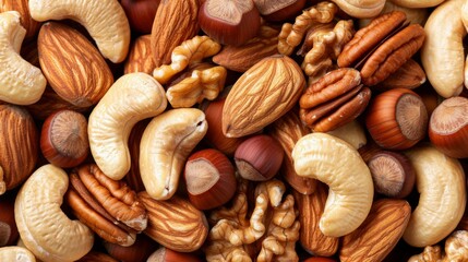 Top view composition of assorted nuts creating a natural background with various types of nuts - obrazy, fototapety, plakaty