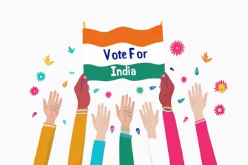 Election Day Awareness Banner with Vote for India message written on Indian Flag and people raising hands up.