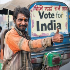 A young Indian man showing thumbs up near standing a auto rickshaw with message vote for india written. Fictional Character Created by Generative AI.