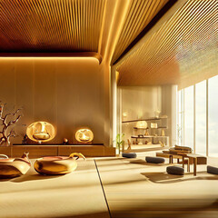 design of a modern room in a villa in warm, golden colors an illustration generated by Ai - 782845508