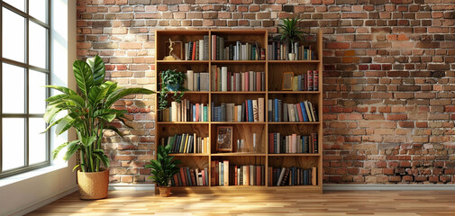 Wooden bookshelf in front of brick wall, wooden floor, houseplant. Minimalistic interior design