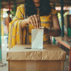 closeup image of woman putting a ballot paper into voting box on Election Day. Fictional Character Created by Generative AI.