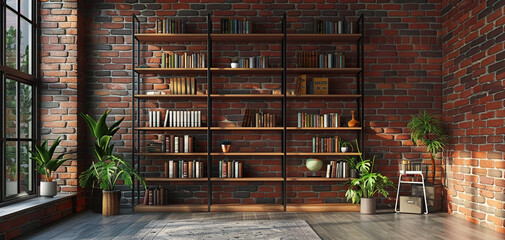Wooden bookshelf in front of brick wall, wooden floor, houseplant. Minimalistic interior design