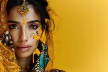 A beautiful, intricately dressed woman, wearing traditional clothing and henna tattoos on her hair, and adorned with ornate jewelry. Fictional Character Created by Generative AI.