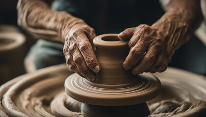 A focused potter molds clay on a spinning wheel, hands coated in tranquility amidst the creative process.