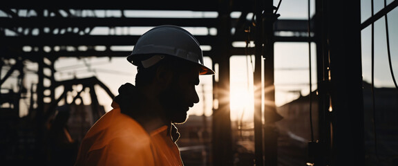 A silhouette of construction electrician working in a factory, worker with helmet, electrical worker in action