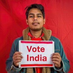 Voter Awareness on the Election Time, a man wearing a jacket and holding up a sign that reads Vote India. Fictional Character Created by Generative AI. - obrazy, fototapety, plakaty