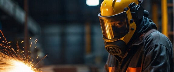 professional a gas mask engineer factory in protective uniform operating machine, Engineering worker in safety hardhat at warehouse industrial facilities, Heavy Industry Manufacturing  - obrazy, fototapety, plakaty