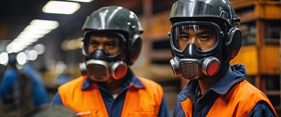 professional a gas mask engineer factory in protective uniform operating machine, Engineering worker in safety hardhat at warehouse industrial facilities, Heavy Industry Manufacturing 