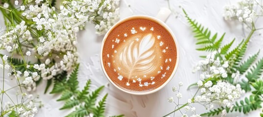 Intricate flat white coffee flower latte art beautifully displayed on a pristine white table