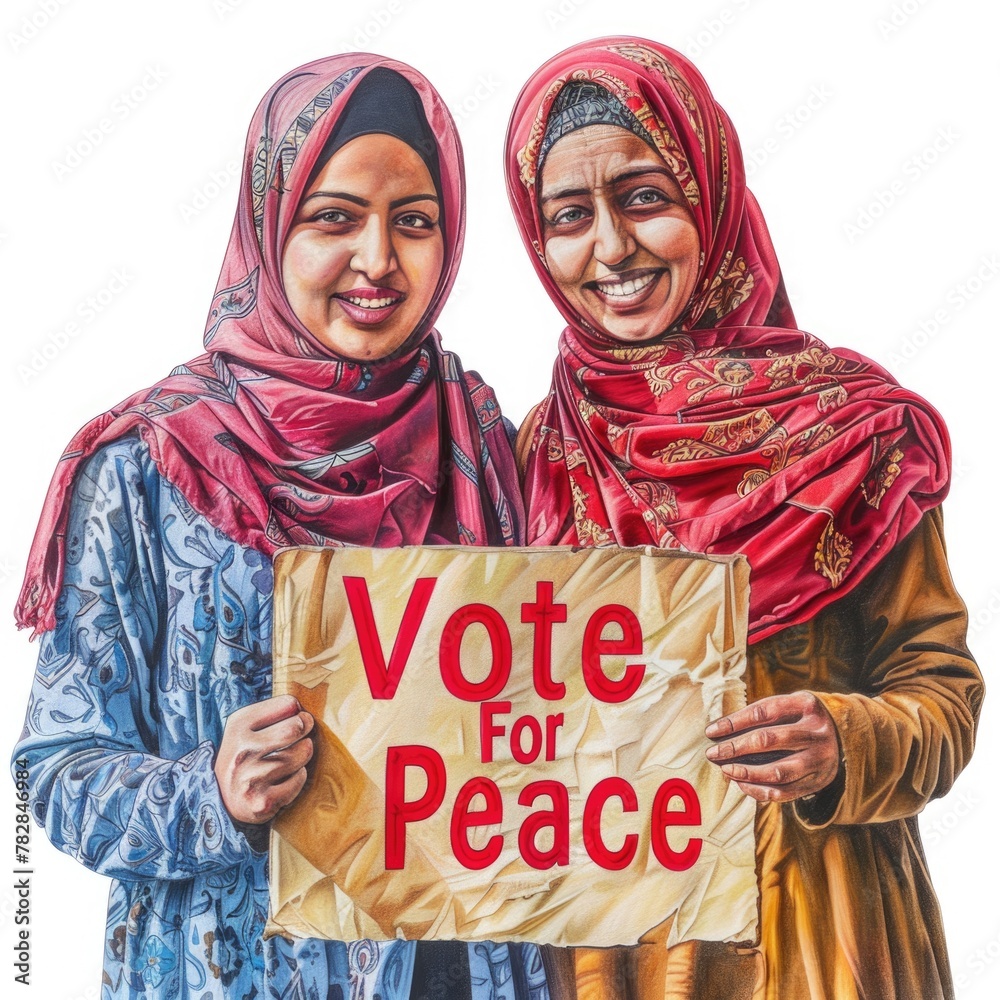 Wall mural voter awareness during election or voting time, two muslim women wearing headscarves (hijab) are sta