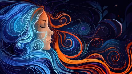 A painting of a beautiful woman with colorful wavy and loose hair with a serenity and elegance colorful concept.