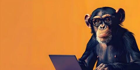 A chimpanzee character wearing glasses and sitting at a laptop hosting an online webinar or seminar