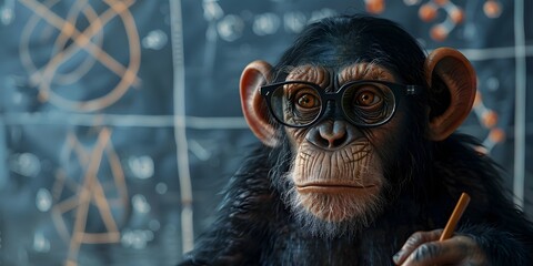 Brilliant Primate Contemplating Scientific Theories on Glass Blackboard