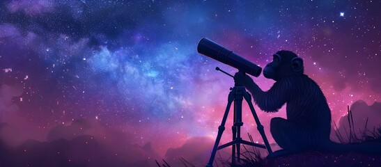 Curious Monkey Watching the Cosmic Ballet with Telescope in Starry Night Sky - obrazy, fototapety, plakaty