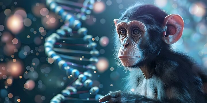 Genetically Engineered Monkey Scientist Examining DNA Strands in Futuristic Laboratory