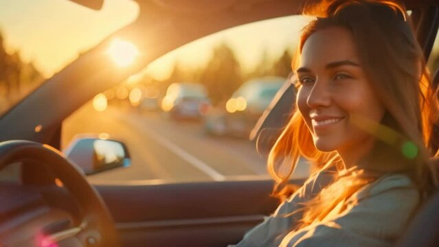 Happy young woman driving an electric car driving an EV at sunset View inside the car with the steering wheel in hand.
