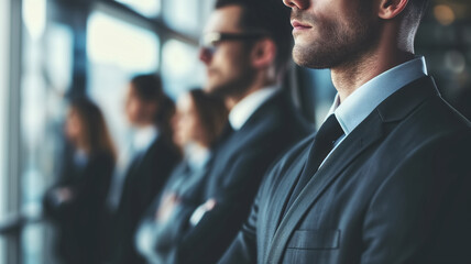 Line of professionals in business attire standing side by side. Teamwork and corporate environment concept. Design for recruitment, teamwork, and company culture content. - obrazy, fototapety, plakaty
