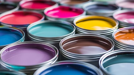 Fototapeta premium Assorted open paint cans on vibrant and colorful background, various hues and shades