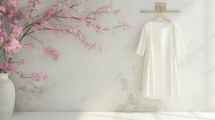 white dress mockup, white wall and spring flower background, 3d render