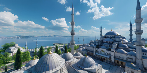  Gazing Upon the Minarets and Domes of the Blue Mosque as They Tower Over the Serene Bosporus River, Offering a Captivating Blend of Architectural Magnificence and Natural Splendor  - obrazy, fototapety, plakaty