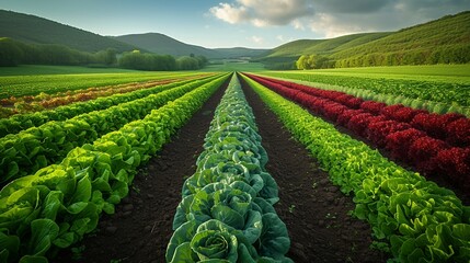 Farm landscape, featuring rows of crops creating. AI generate illustration - obrazy, fototapety, plakaty