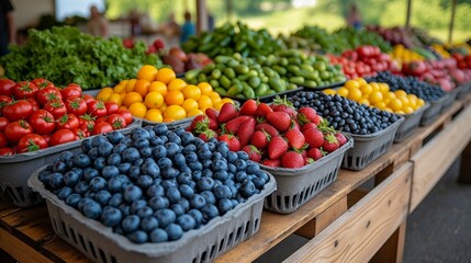 Farmers market stand with fresh produce. AI generate illustration - obrazy, fototapety, plakaty