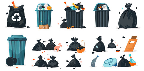 a set of garbage bags and trash cans