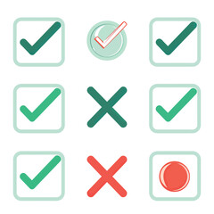 a check mark, a button, a check mark, and a button with a